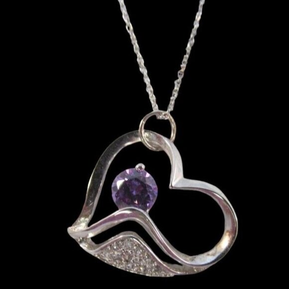 Sterling Silver Amethyst and Rhinestone Heart Pendant Necklace - Picture 8 of 12